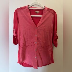 Democracy Coral Pink Embroidered Button-Front Blouse